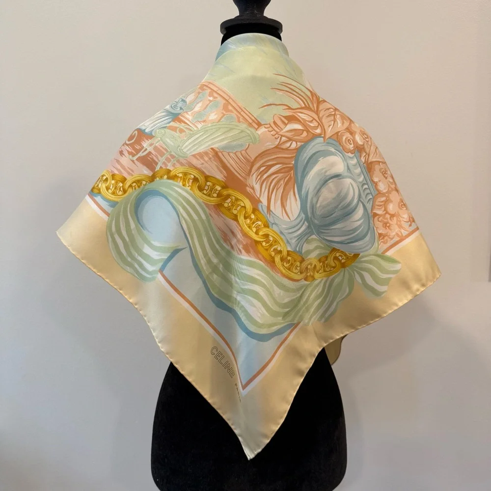 Celine Pastel Silk Scarf 90 Carré Chain Beige Gold Hand Rolled Made in France - Picture 7 of 11